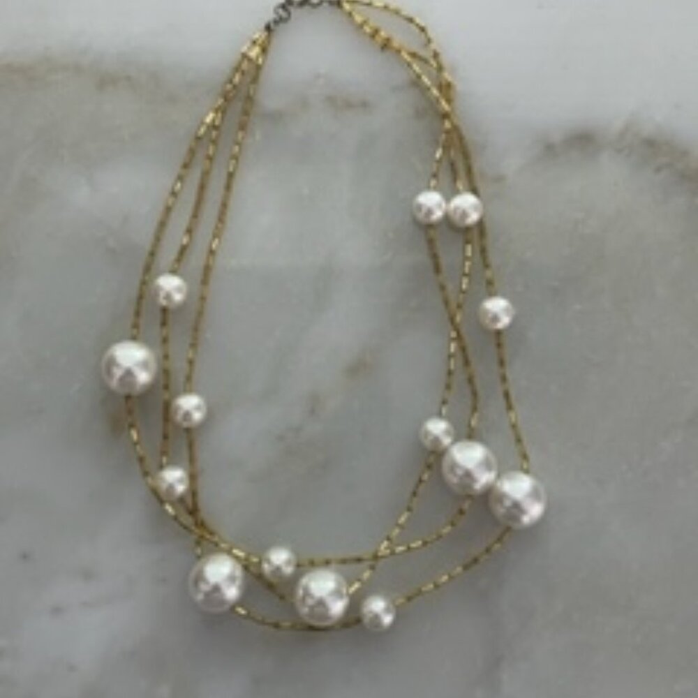 Vintage three strand necklace-faux pearls and gold tone beads
